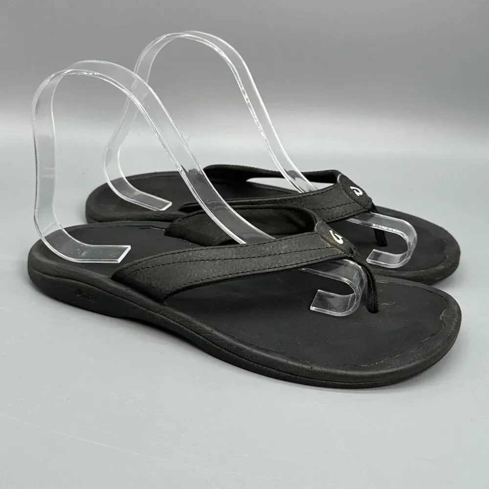 Olukai Ohana Women's Size 8 EUR 38 Flip Flop Thong Black Sandals Leather Shoes